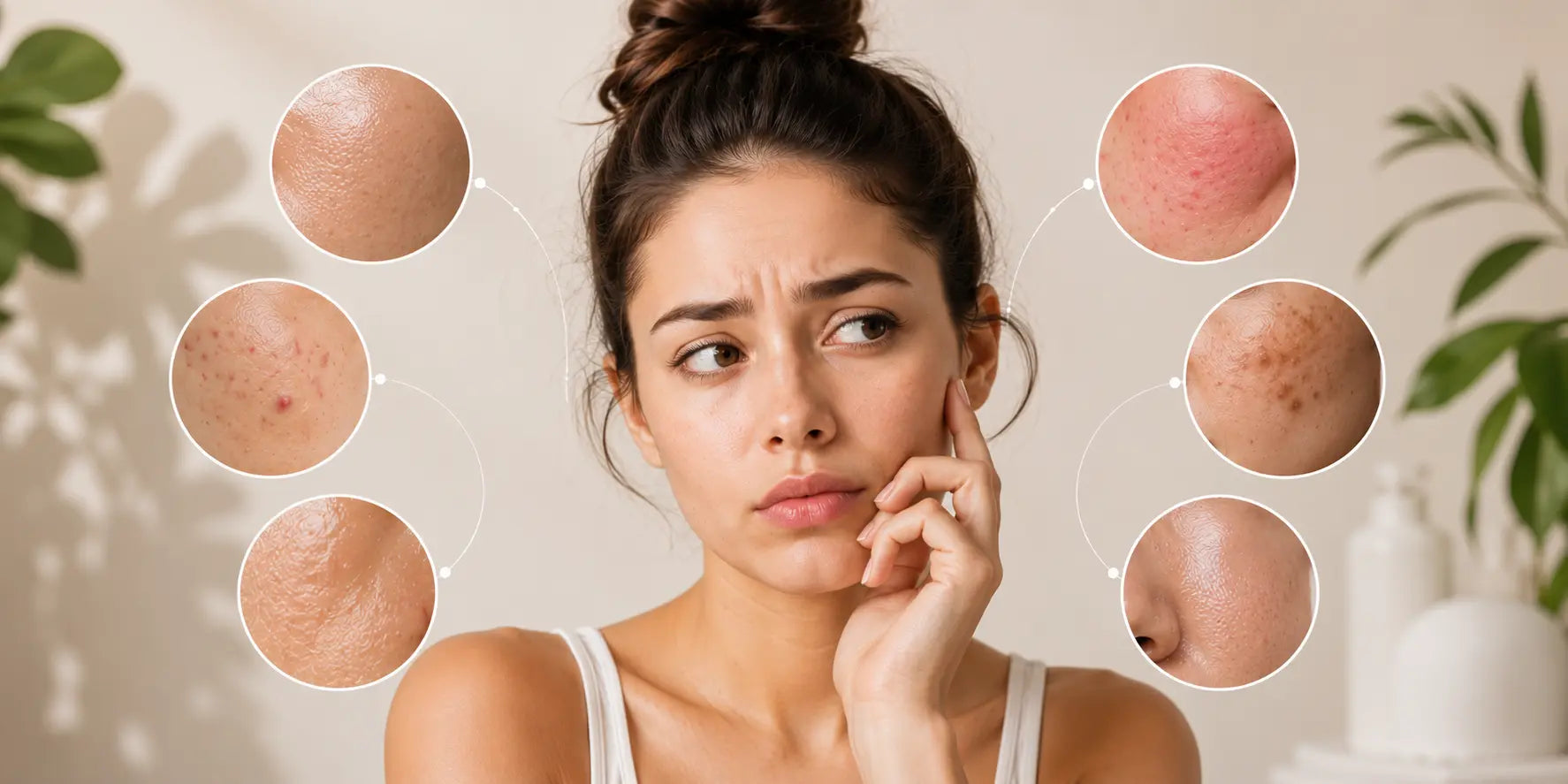 Woman showing skincare concerns like acne, dryness, and dull skin in a clean minimalist skincare banner image.