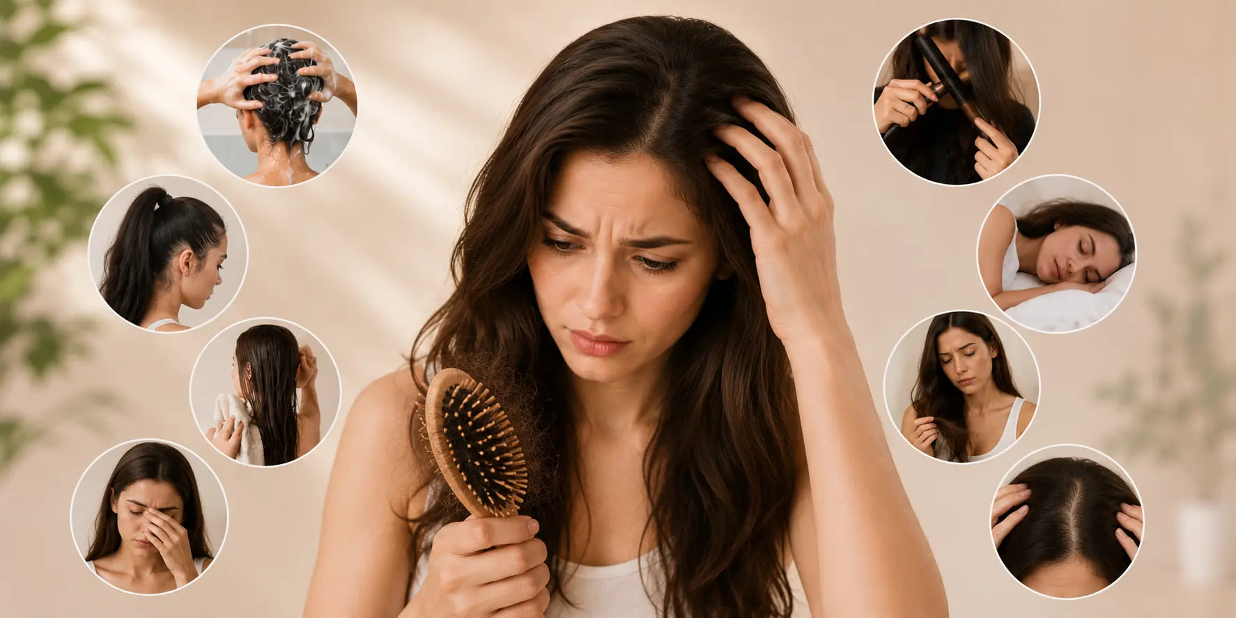 Woman experiencing hair fall while holding a hairbrush, surrounded by daily habits that can damage hair and scalp health.