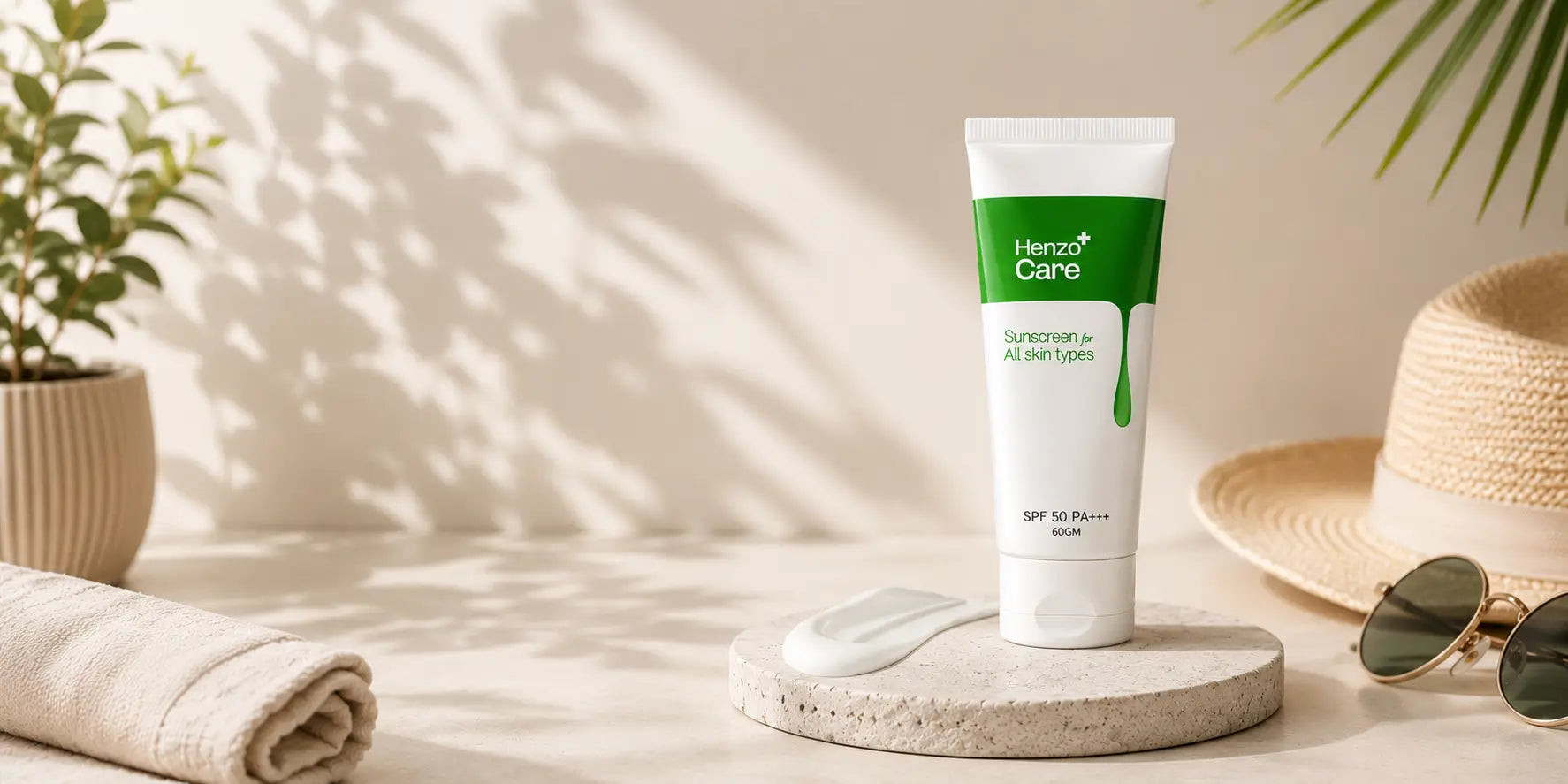 Henzo Care SPF 50 sunscreen placed in a minimal summer-themed setting with soft sunlight, skincare-inspired elements, and a clean aesthetic background.