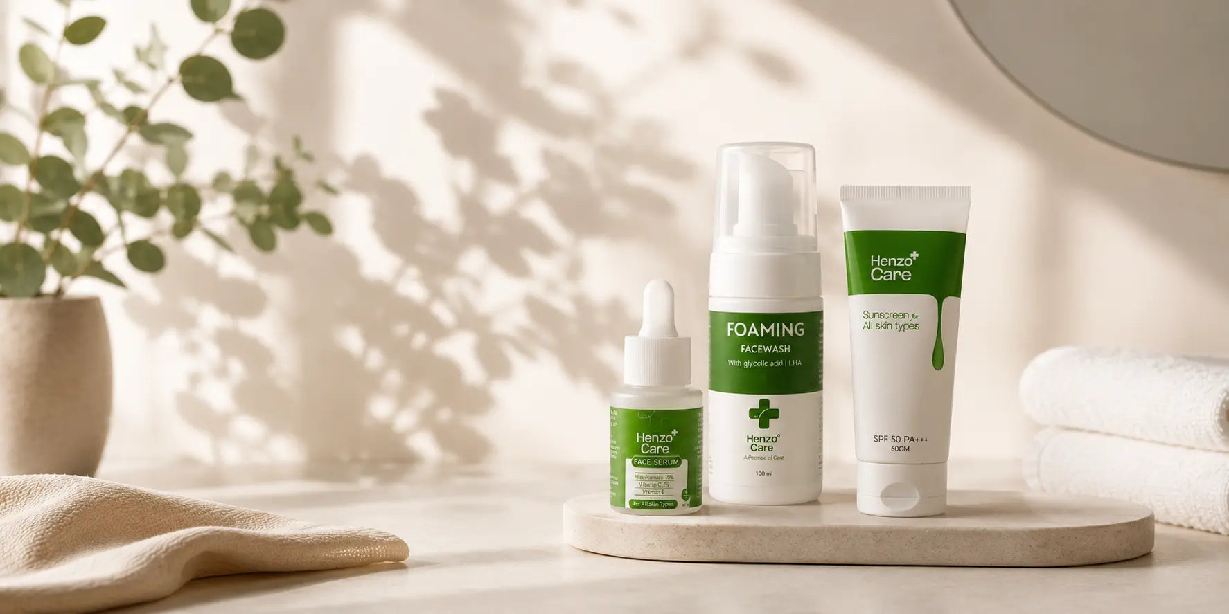 **Alt text:** Minimal skincare routine banner featuring Henzo Care skincare products including face serum, foaming facewash, and sunscreen arranged in a clean spa-inspired setting with soft natural light and a minimalist background.