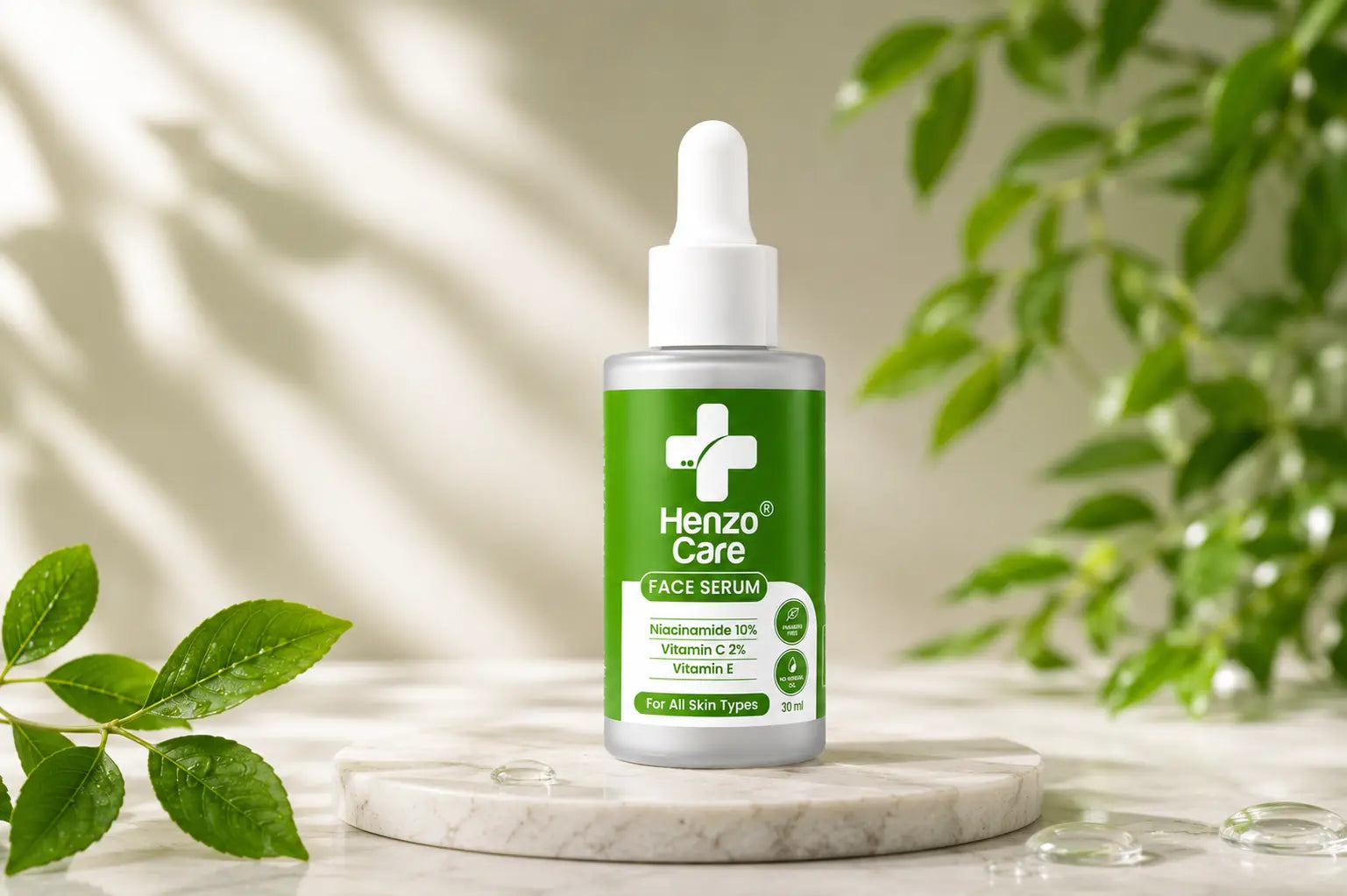 Henzocare Niacinamide Face Serum on a marble stand with green leaves and soft natural light in a skincare setting.  