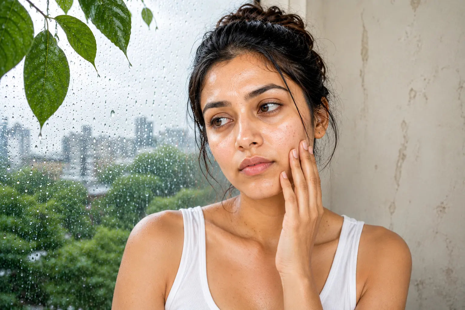 Woman with oily skin near a rainy window during monsoon season, illustrating increased skin oiliness caused by humidity.