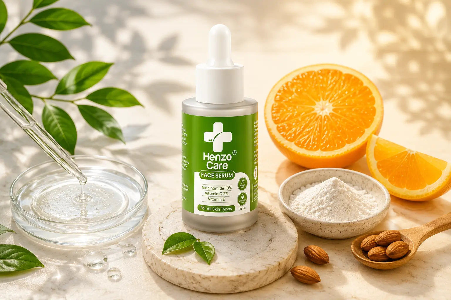Henzo Care Niacinamide and Vitamin C Face Serum with citrus and skincare ingredients illustrating a complete skincare routine.
