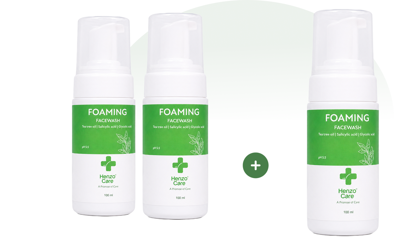 Three Henzocare foaming face wash bottles in a combo offer