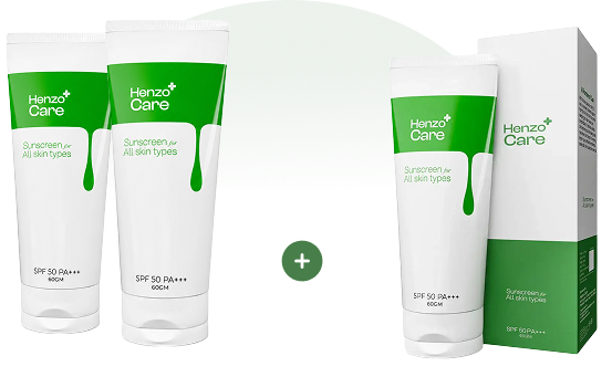 Henzocare SPF 50 sunscreen combo with two sunscreen tubes and one boxed sunscreen